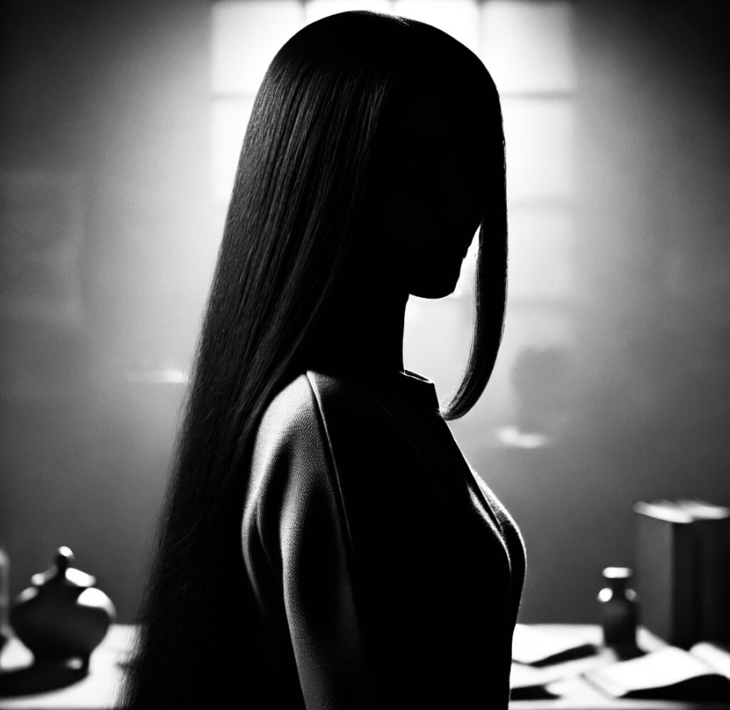 L'auteur ANYA SSOUB Silhouette en profil d'une femme aux cheveux longs et lisses, photographiée en noir et blanc, évoquant mystère et élégance dans un décor minimaliste.