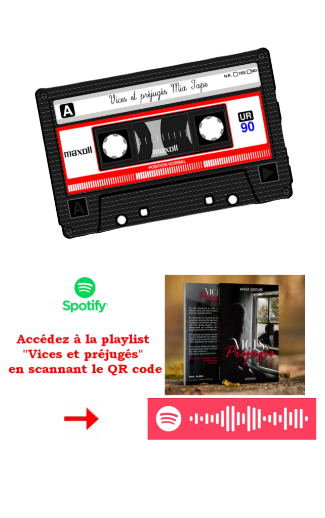 Accès à la playlist Spotify de Vices et Préjugés Image d'une cassette audio rétro étiquetée "Vices et préjugés Mixtape" accompagnée d'un QR code Spotify et d'un visuel du roman "Vices et Préjugés", invitant à écouter la playlist dédiée.