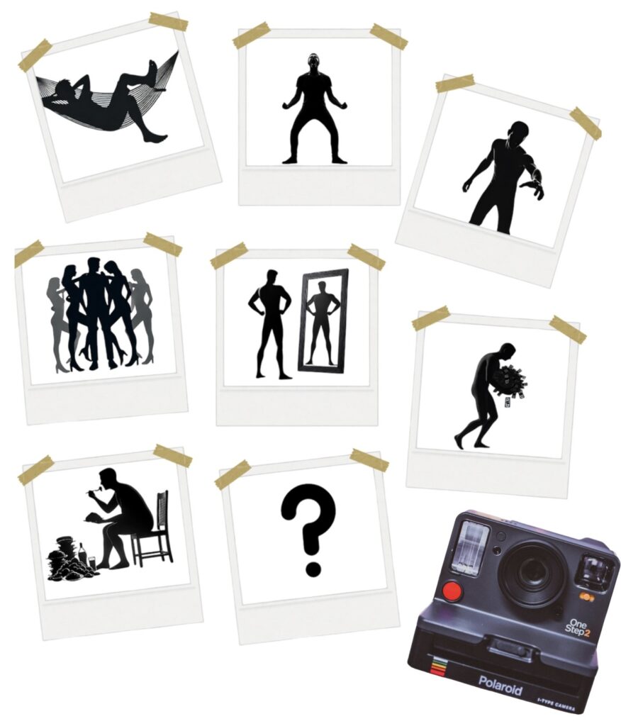 Représentation des sept vices sous forme de silhouettes Illustration des sept vices en silhouettes humaines, disposées sur des polaroids scotchés, accompagnées d'une caméra Polaroid en bas à droite et d'un point d'interrogation au centre pour symboliser le mystère.